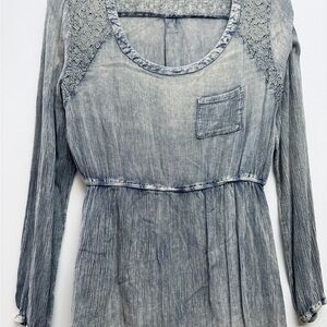 EARTHBOUND Denim Blue Lace Accent Blouse